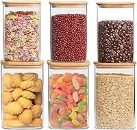 Vista 1 de Paquete de 6 tarros de vidrio para almacenamiento de alimentos con tapas herméticas, tarro de vidrio transparente con tapa de bambú, recipiente