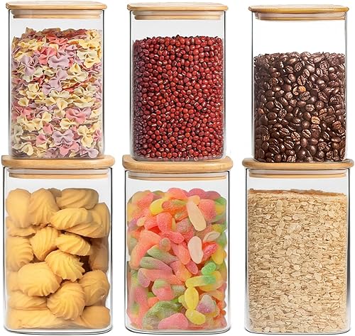 Paquete de 6 tarros de vidrio para almacenamiento de alimentos con tapas herméticas, tarro de vidrio transparente con tapa de bambú, recipiente