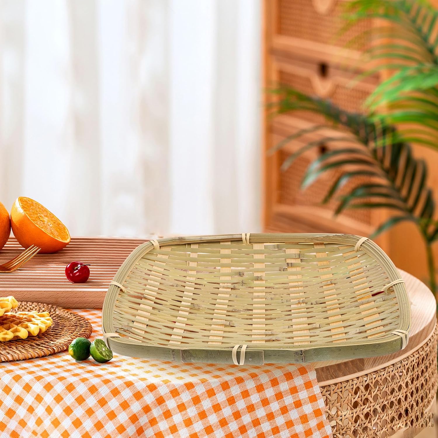 Homoyoyo Woven Bread Basket 23x19cm Rectangular Snack and Food Holding Basket Natural Kitchen Organizer for Tabletop Storage and Serving