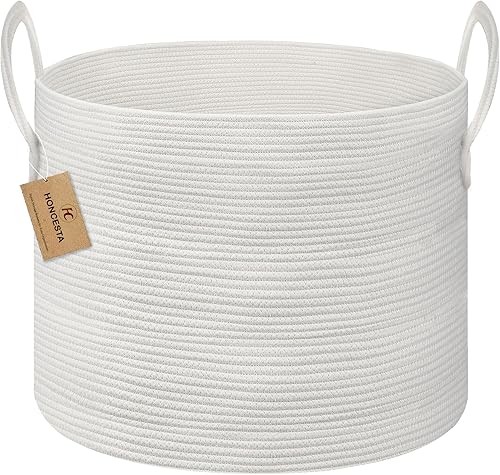HONCESTA Cesta de almacenamiento extra grande de 20 x 20 x 15 pulgadas, canasta de almacenamiento de manta blanca para sala de estar, canasta