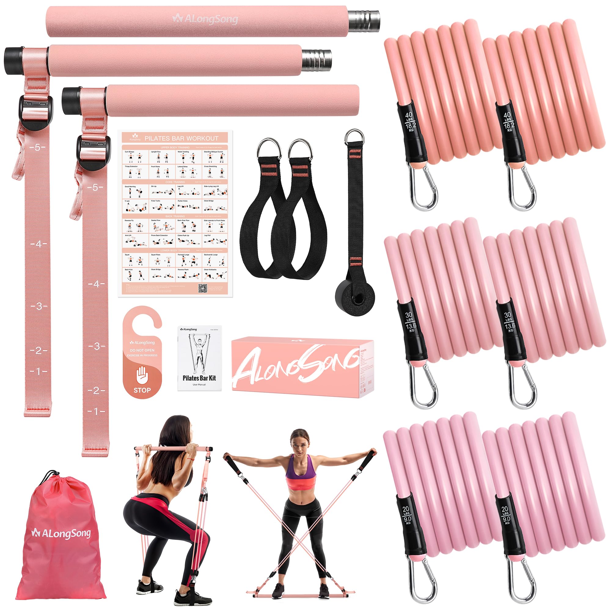 ALongSong Pilates Equipment Pilates Reformer Bar Set With 6 Elastic Resistance Bands 180LBS/240LBS/360LBS & Door Anchor for Full-Body Fitness Toning & Muscle Building | Home Workout/Gym/Travel