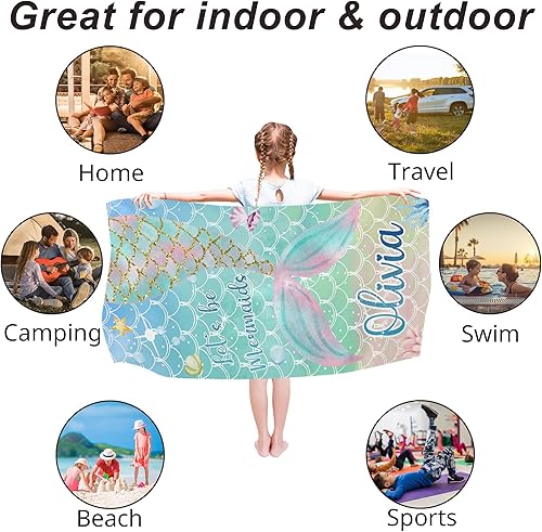 Miniatura 6 de Toallas de playa personalizadas de gran tamaño para niños y bebés, toallas de playa personalizadas de sirena con nombre, toalla de playa de secado