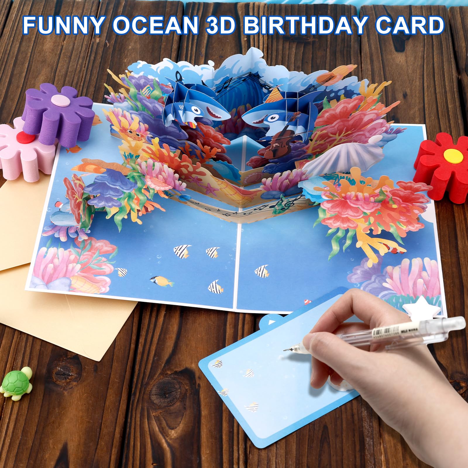 Penitue Biglietti Pop Up Compleanno a Tema Oceano, Squalo Barriera Corallina Vita Marina Biglietto di Auguri 3D per Compleanno Anniversario Ragazzi Ragazze Uomini Bambini Amanti del Mare
