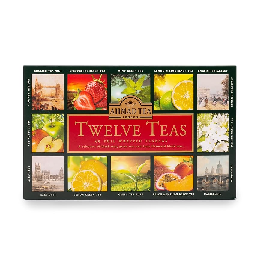 Ahmad Tea Twelve Selection - Tè Nero e Verde Puri O Aromatizzati Alla Frutta In 12 Gusti Diversi - 12 Confezioni da 5 Bustine, 60 Unità