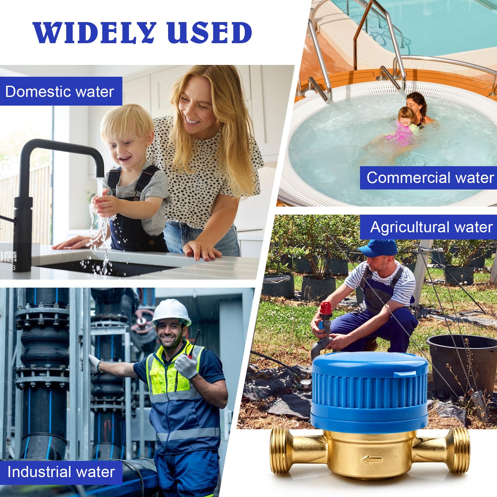 Compteur d'eau: 1/2 Pouce Horloge à Eau Froide, Compteur De Robinet avec Couvercle De Protection Et Connecteur en Laiton pour La Maison Le Jardin Et Un Usage Domestique (Bleu)