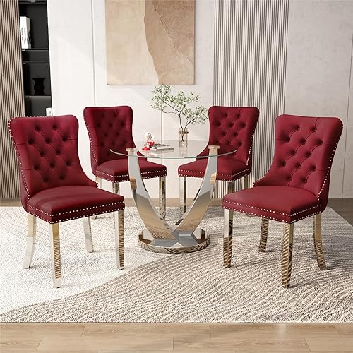 Miniatura 19 de Juego de mesa de comedor redonda de vidrio de 38.9 pulgadas para 4, mesa de comedor redonda con 4 sillas de cocina tapizadas de terciopelo, juego