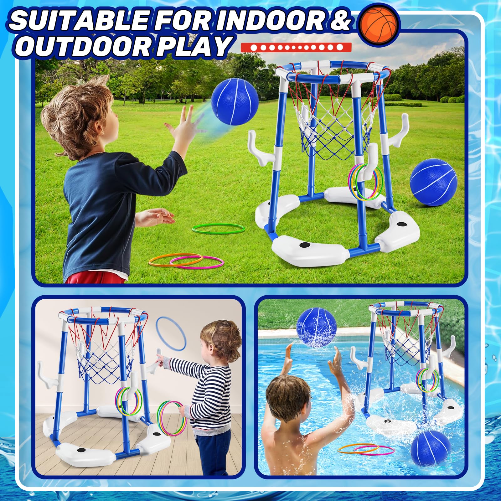 JONRRYIN Canestro da Piscina, 2 in 1 Canestro Galleggiante da Piscina, Giochi Piscina con 2 Palline e 12 Anelli con Pompa, Competizione Sportiva Acquatica, per Bambini e Adulti