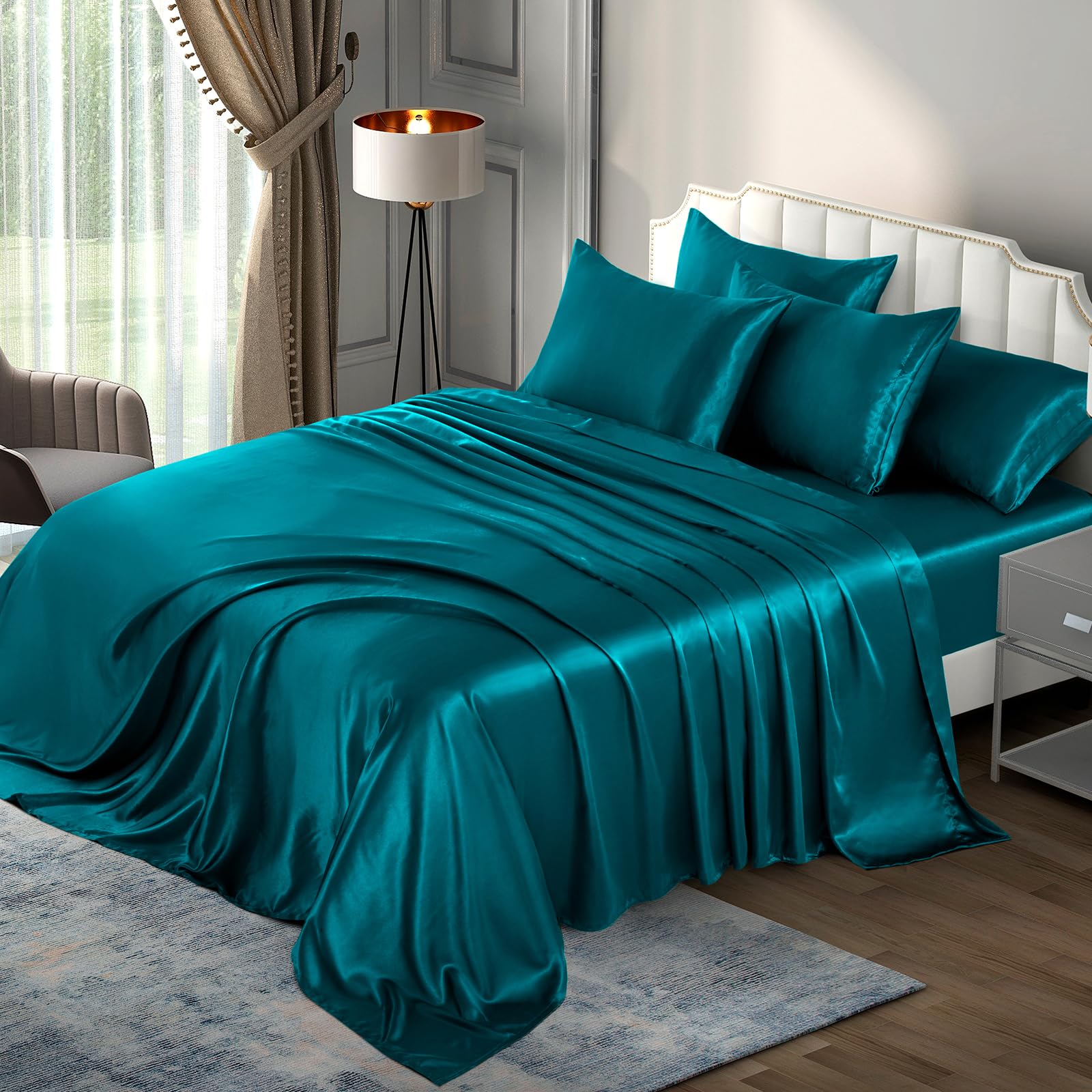 P Pothuiny 6-Piece Queen Satin Sheet Set Teal Silky Sheets