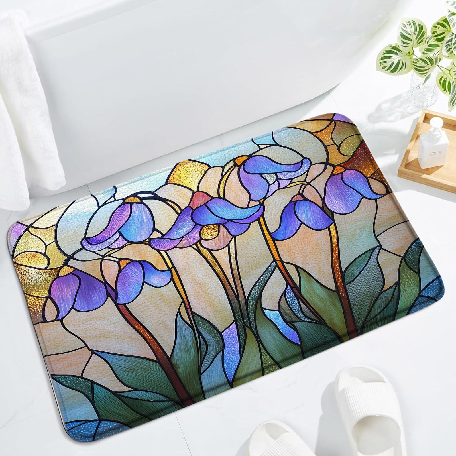 Purple Flower Bath Mat Stained Glass Abstract Floral Green Leaves Plant Vintage Modern Art Bathroom Decor Rug Floor