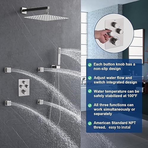 Miniatura 40 de Sistema de ducha de lluvia, cabezal de ducha de lluvia montado en la pared de 12 pulgadas con chorros corporales y ducha de mano, juego de grifo