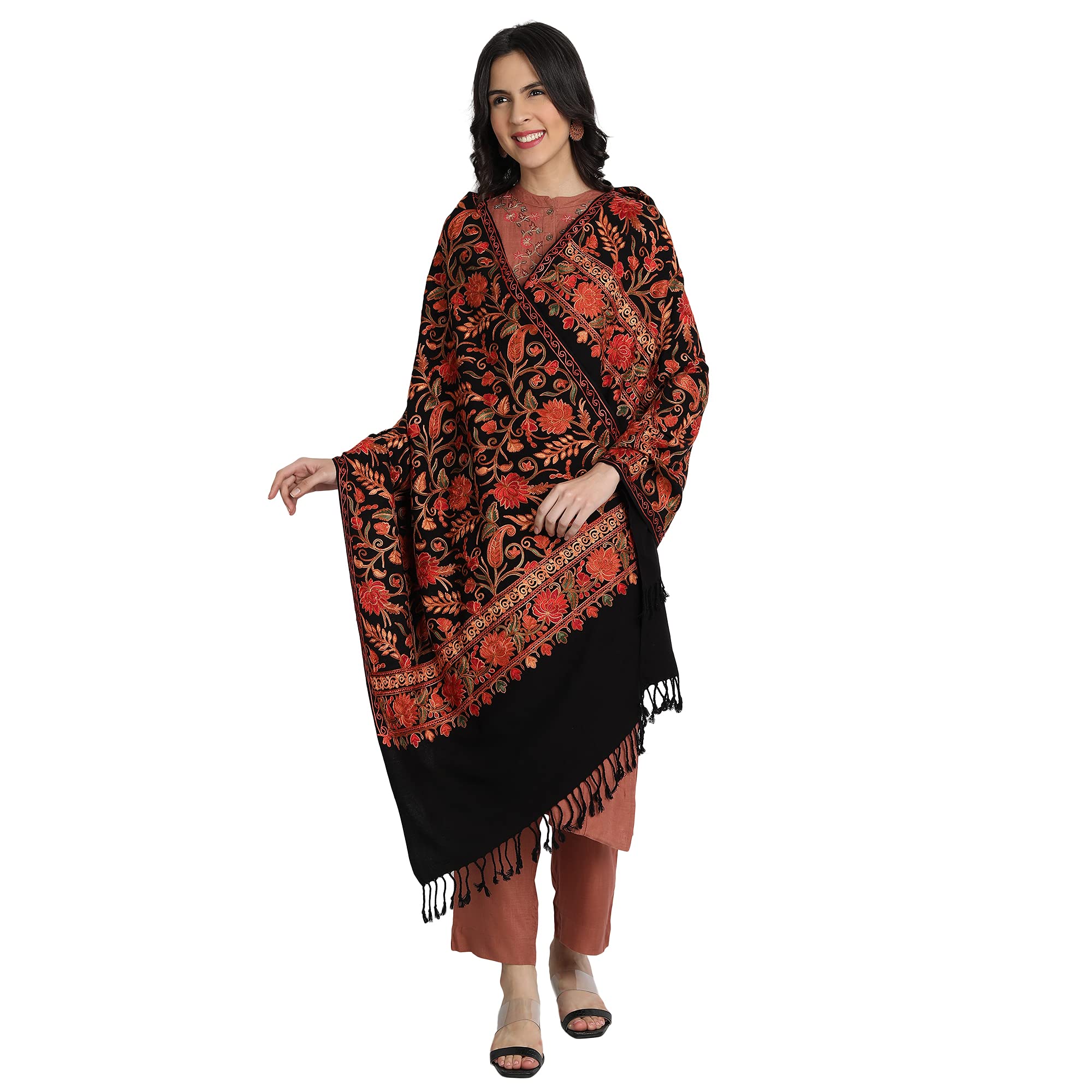 zamour Kashmiri Women's Aari Embroidery Kadhai Woolen Shawl Stole Wrap 80 inches x 30 inches-picture-15