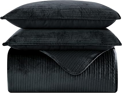 Elegant Comfort Luxury 3-Piece Velvet Corduroy Stripe Quilt Set, Ultra Soft Bedspread - Cozy Velvet Coverlet Set - 3PC Medium Weight Quilted Set with Matching Pillow Shams, Full, Black