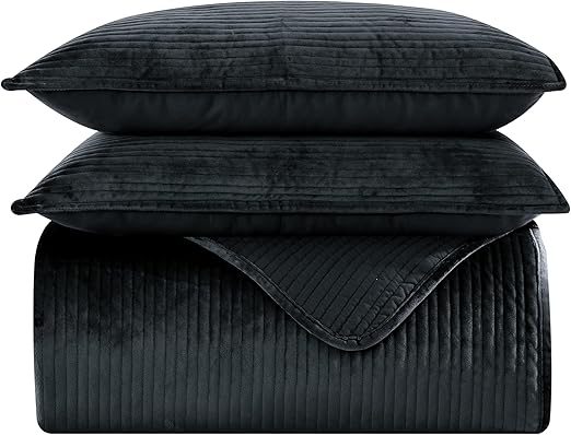 Elegant Comfort Luxury 3-Piece Velvet Corduroy Stripe Quilt Set, Ultra Soft Bedspread - Cozy Velvet Coverlet Set - 3PC Medium Weight Quilted Set with Matching Pillow Shams, Full, Black