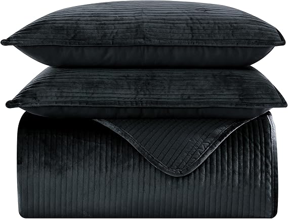 Elegant Comfort Luxury 3-Piece Velvet Corduroy Stripe Quilt Set, Ultra Soft Bedspread - Cozy Velvet Coverlet Set - 3PC Medium Weight Quilted Set with Matching Pillow Shams, Full, Black