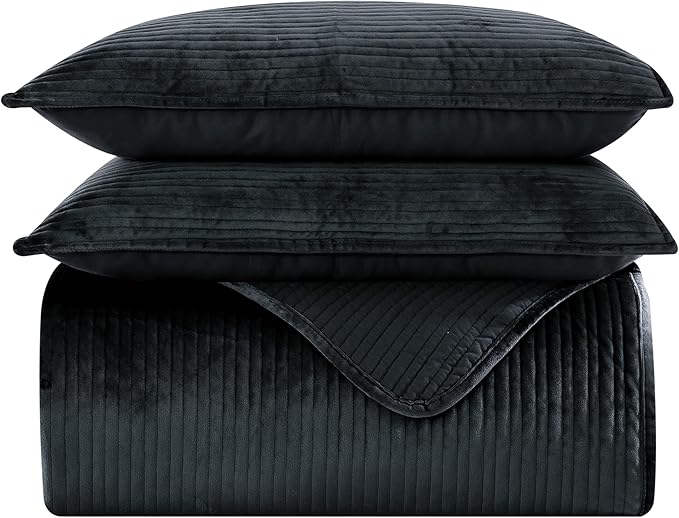 Elegant Comfort Luxury 3-Piece Velvet Corduroy Stripe Quilt Set, Ultra Soft Bedspread - Cozy Velvet Coverlet Set - 3PC Medium Weight Quilted Set with Matching Pillow Shams, Full, Black