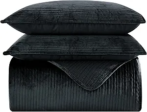 Elegant Comfort Luxury 3-Piece Velvet Corduroy Stripe Quilt Set, Ultra Soft Bedspread - Cozy Velvet Coverlet Set - 3PC Medium Weight Quilted Set with Matching Pillow Shams, Twin XL, Black