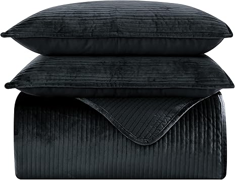 Elegant Comfort Luxury 3-Piece Velvet Corduroy Stripe Quilt Set, Ultra Soft Bedspread - Cozy Velvet Coverlet Set - 3PC Medium Weight Quilted Set with Matching Pillow Shams, Full, Black