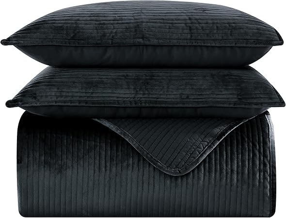 Elegant Comfort Luxury 3-Piece Velvet Corduroy Stripe Quilt Set, Ultra Soft Bedspread - Cozy Velvet Coverlet Set - 3PC Medium Weight Quilted Set with Matching Pillow Shams, Full, Black