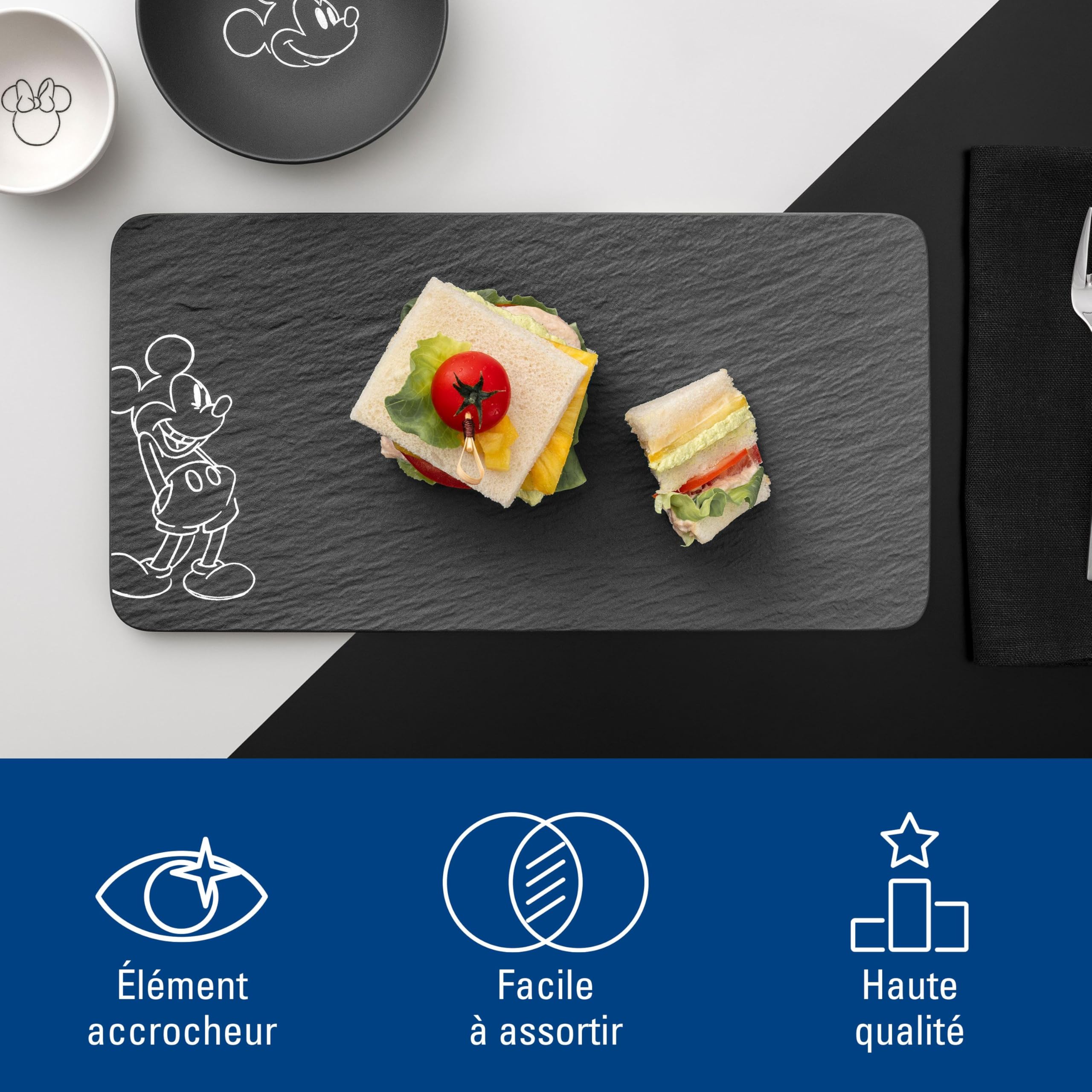 Villeroy & Boch Manufacture Rock – Mickey Mouse – plat de service, noir, résistant au lave-vaisselle/micro-ondes, look ardoise caractéristique avec décor Disney Mickey Mouse à la craie