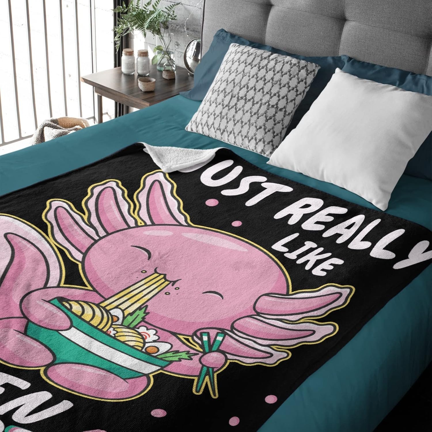 I Just Really Like Ramen and Axolotls 1 Soft Blanket Bedding Sherpa Blanket Warm Fluffy Blankets for Bedroom Living Room Sofa Couch Camping Gift Teen（60"X50"）