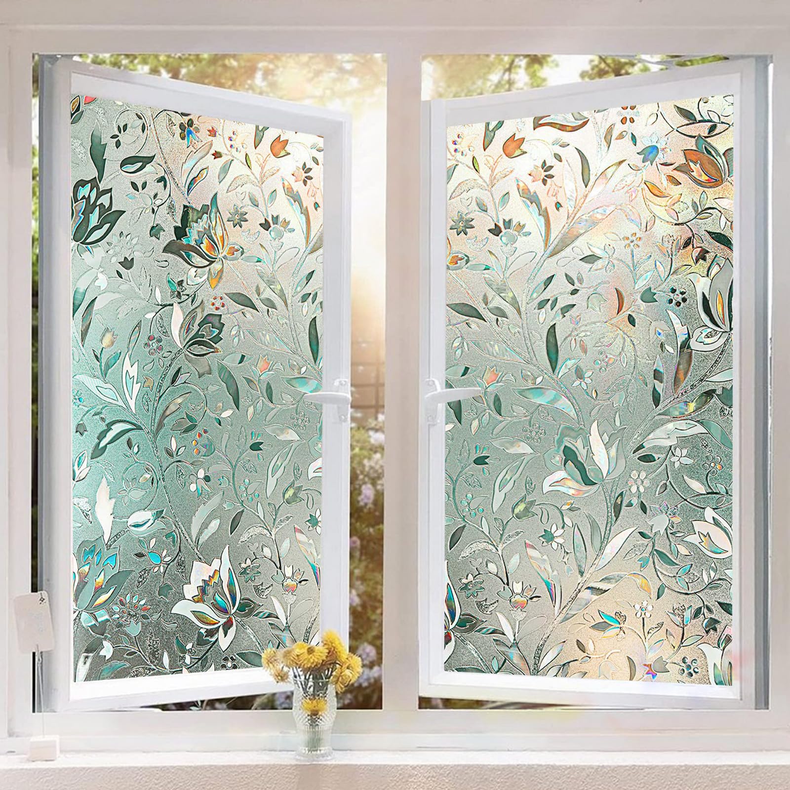 Privacy Window Film 120 x 400cm, Shackcom 3D Stained Glass Tulip Decoration Pattern with Rainbow Effect Opaque Glass Film Static Cling No-Glue Self Adhesive Vinyl Film for Home Door