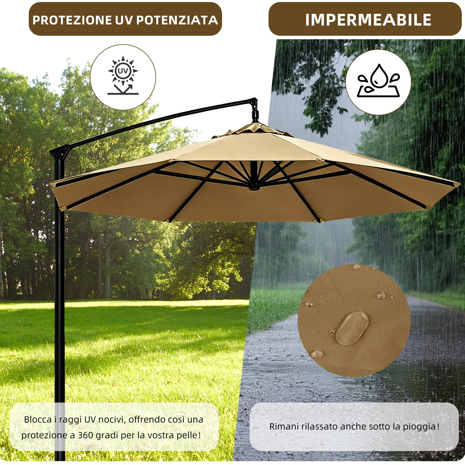 Copertura di ricambio per ombrellone, diametro 3 m, copertura di ricambio, 8 stecche, per ombrellone da giardino, spiaggia, piscina (cachi, 3 m/8 ossa)