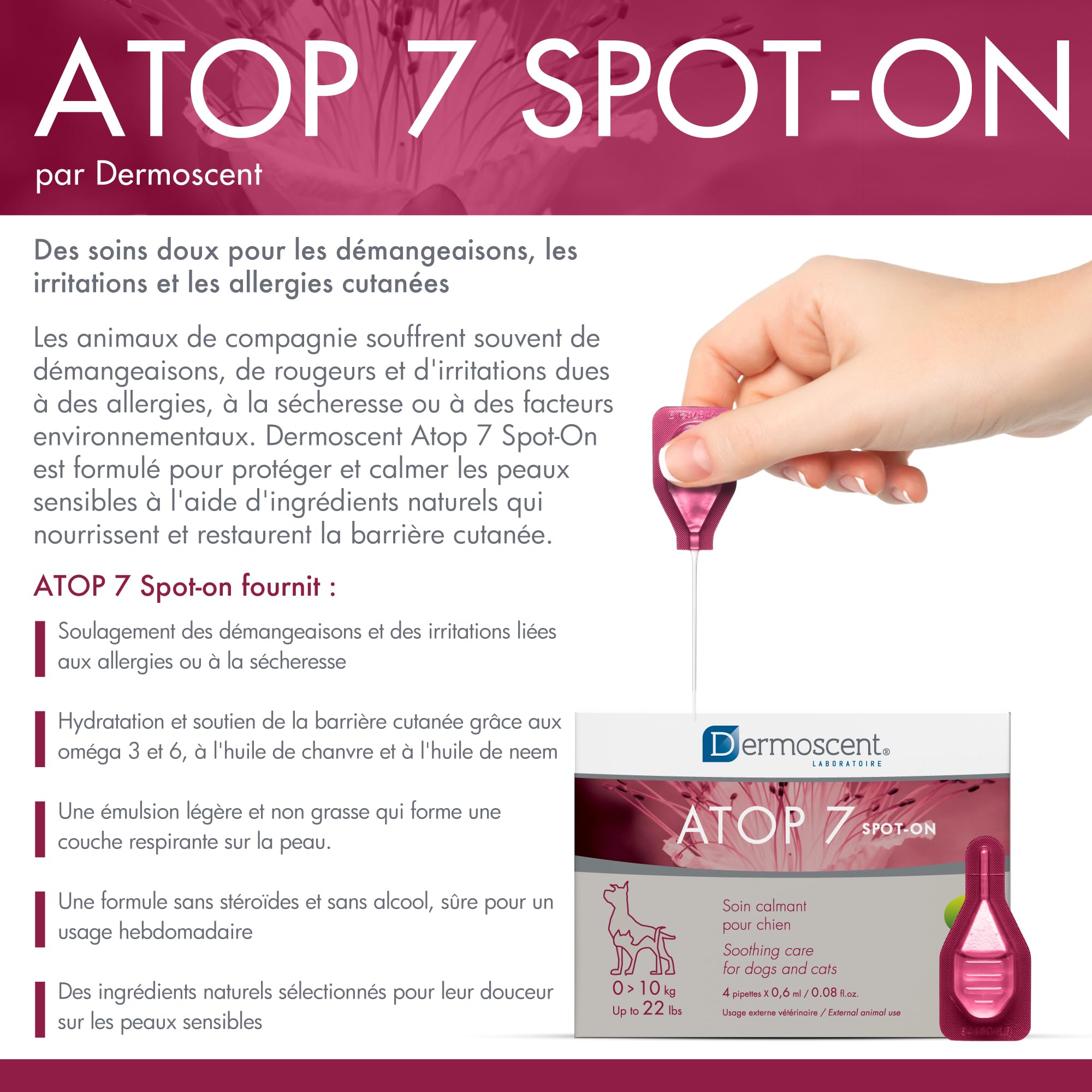ATOP 7 Spot-on pour Chiens & Chats 0–10 kg | Soin Apaisant sans Rinçage | 4 Pipettes x 0,6 ML | Dermoscent