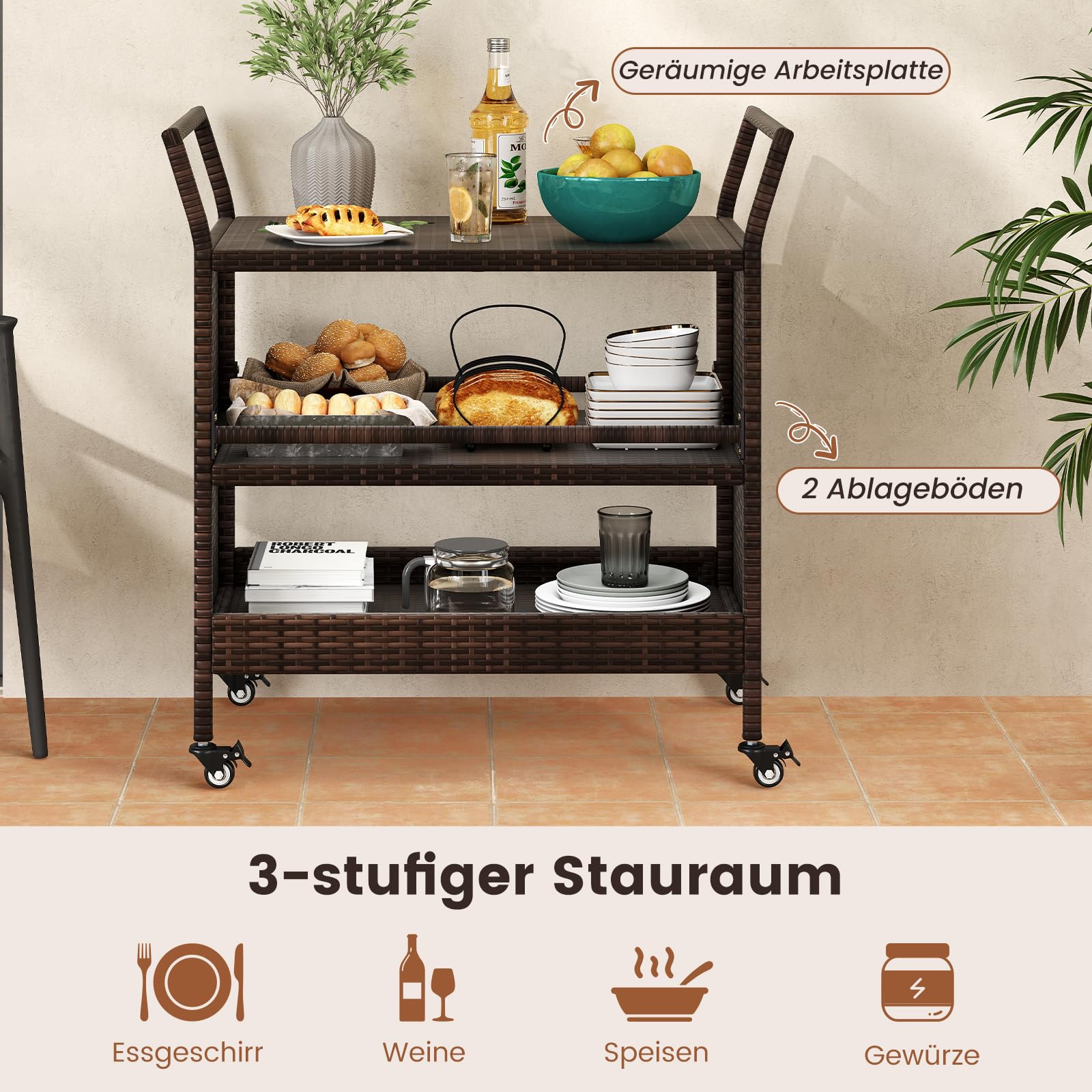 COSTWAY Servierwagen Rattan, Küchenwagen mit 3 Ablagen & Rollen & Seitengriffen, Grillwagen Grilltisch Outdoor für Garten, Pool, Veranda, 86 x 50 x 89 cm