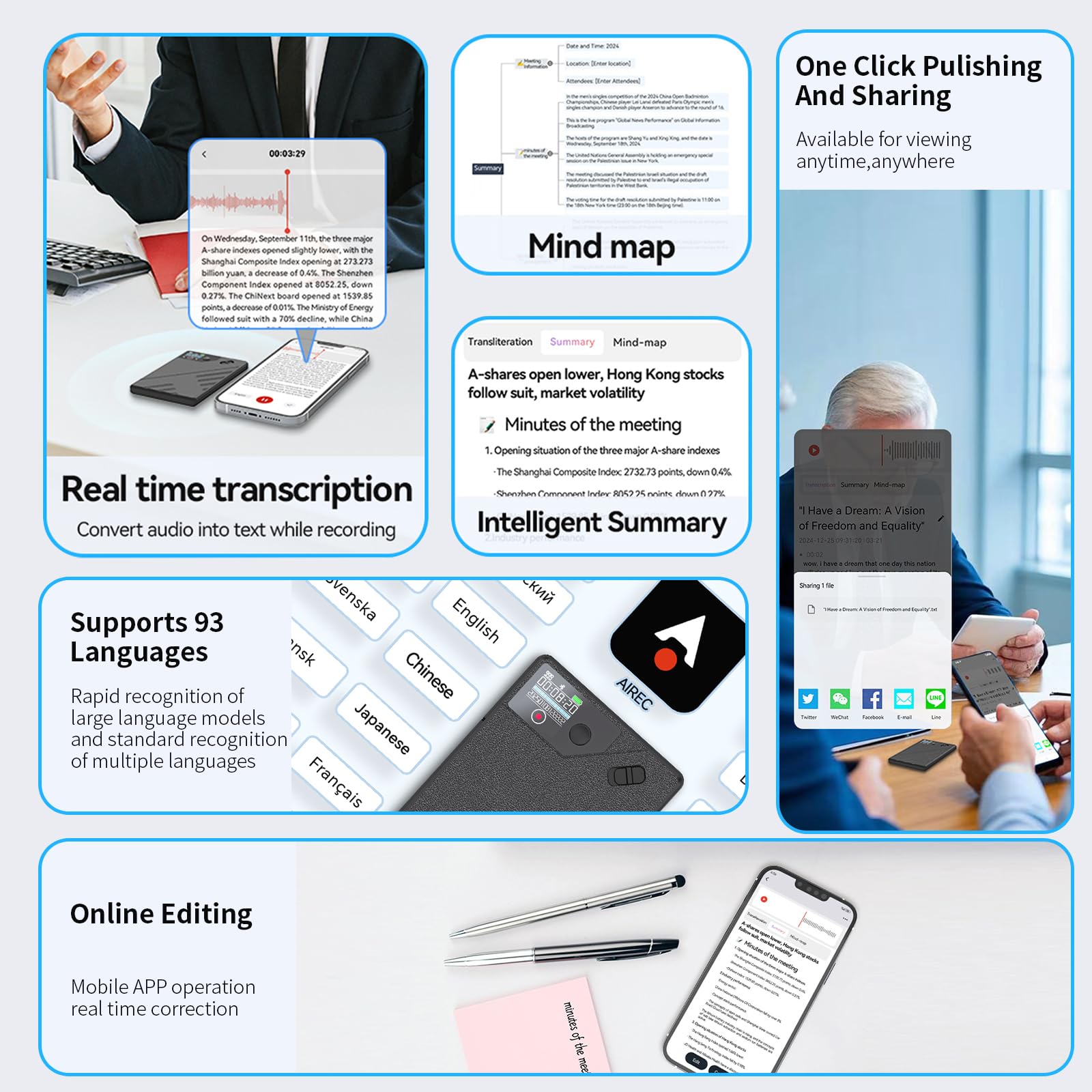 KI Digitales Diktiergerät, 64GB Speicher Aufnahmegerä mit ChatGPT 40 vom Transkribieren und Zusammenfassen für 93 Sprachen,One Touch Aufnahme,Voice Recorder Sprachrecorder für Vortrag, Meetings,Anruf
