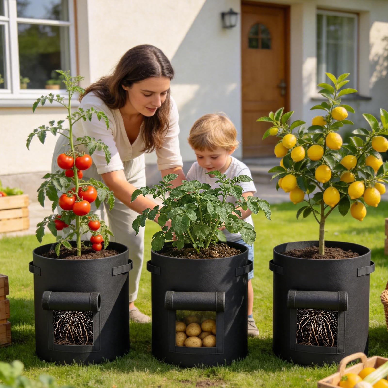 SEGNAYEN Lot de 6 sacs de culture de pommes de terre, sacs de culture en tissu non tissé pour légumes avec poignées, sacs de culture pour pommes de terre, carottes, tomates, fruits (noir)