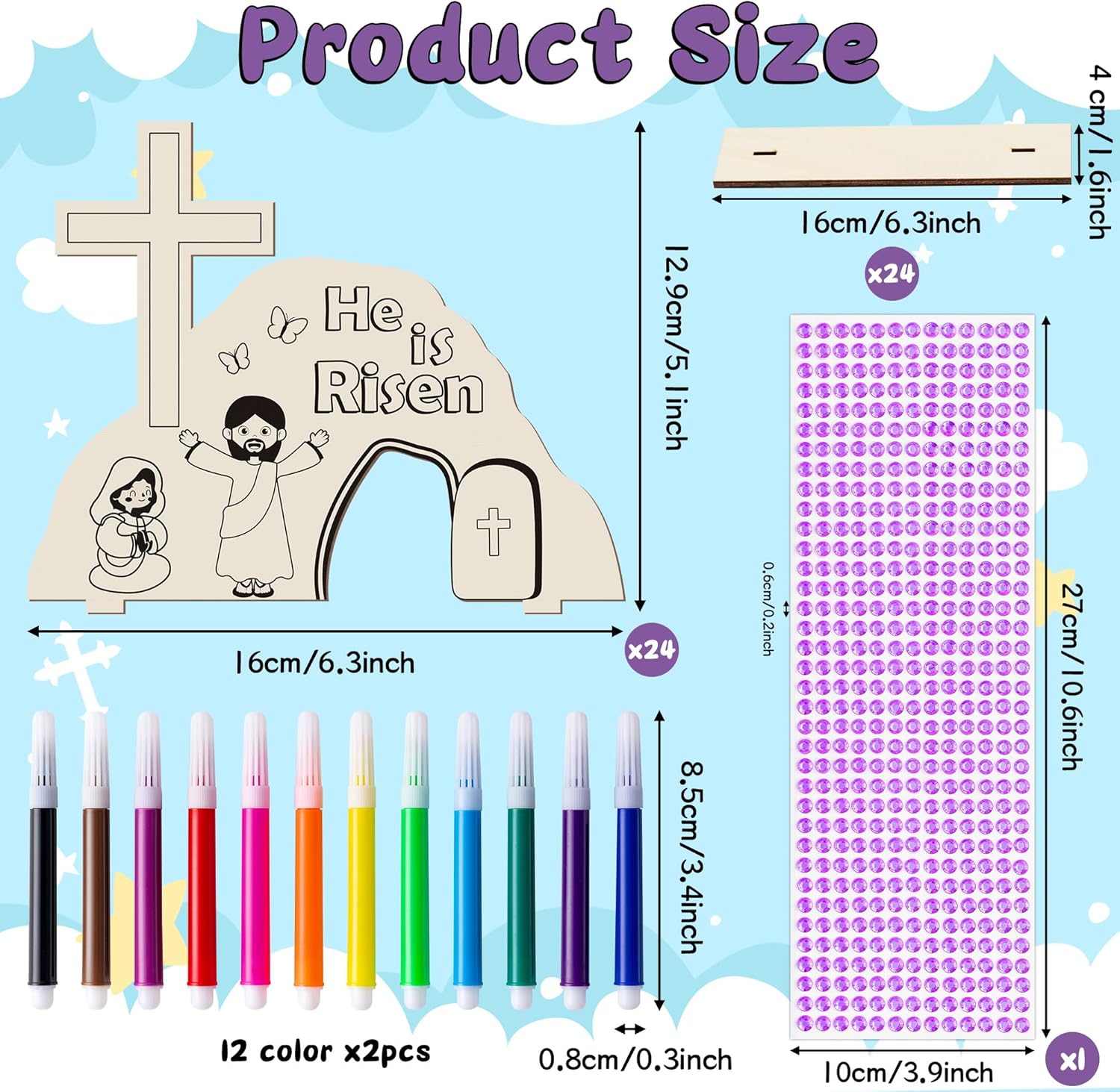 BeYumi Easter Jesus Resurrection Craft - 24Pcs DIY HE IS RISEN Wooden Empty Tomb Tabletop Signs Make Your Own Christian Jesus is Risen Scene Faith Religious Decor Church School Party Supplies for Kids