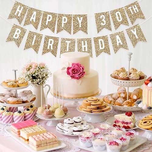 Miniatura 6 de Cartel de feliz cumpleaños número 30 pre-encordado – No DIY – Cartel de fiesta de 30 cumpleaños con purpurina dorada – Guirnalda preencordada en