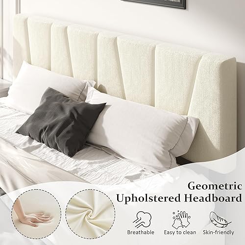 Miniatura 5 de Base de cama tamaño King con cabecera tapizada de tela, cama plataforma con soporte de listones de madera, base de colchón completa, somier