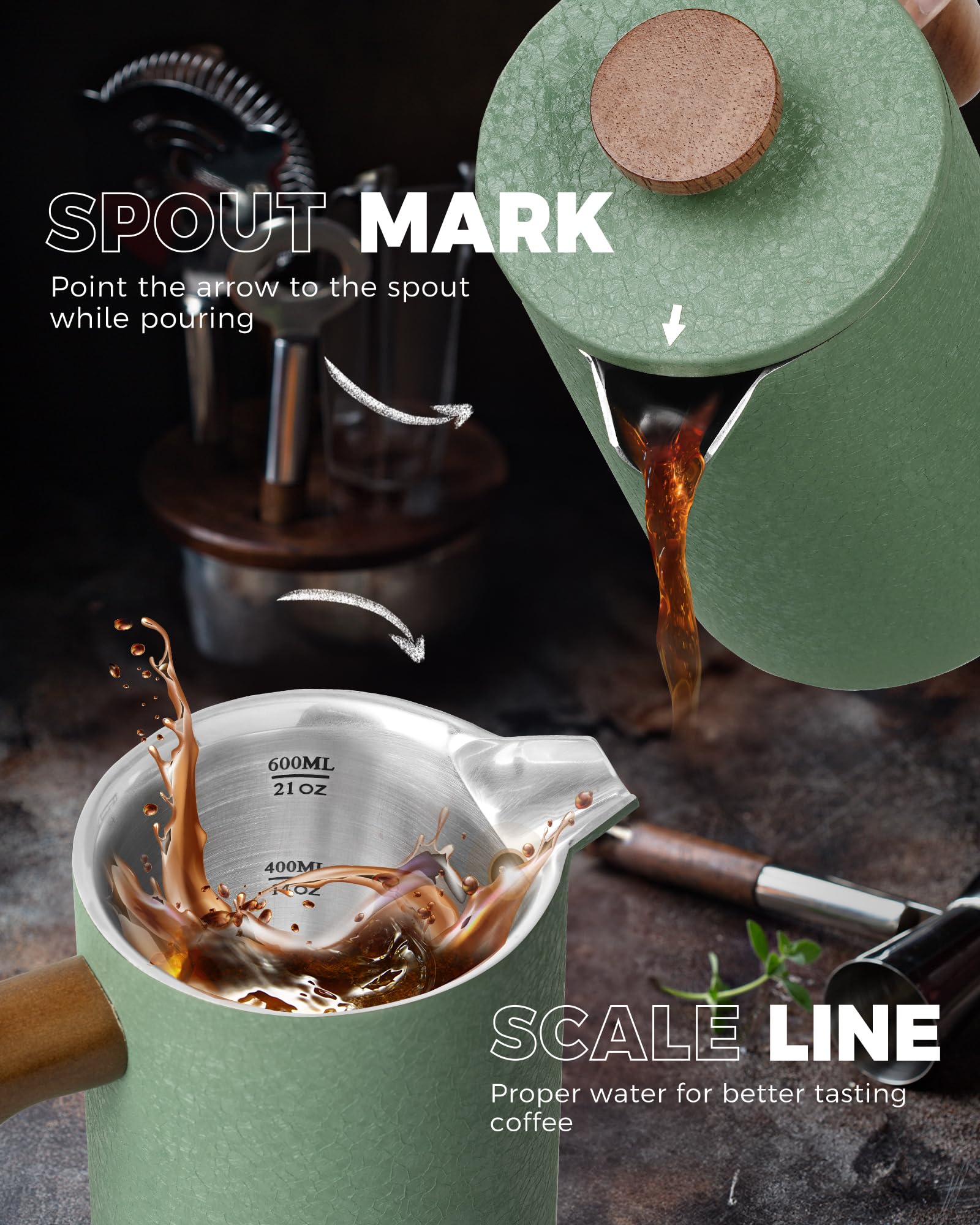 POLIVIAR Cafetiere - Cafetera de prensa francesa de 21 onzas con mango de madera, prensa de café de acero inoxidable para buen café y té, cafetera aislada de doble pared con 1 filtro adicional