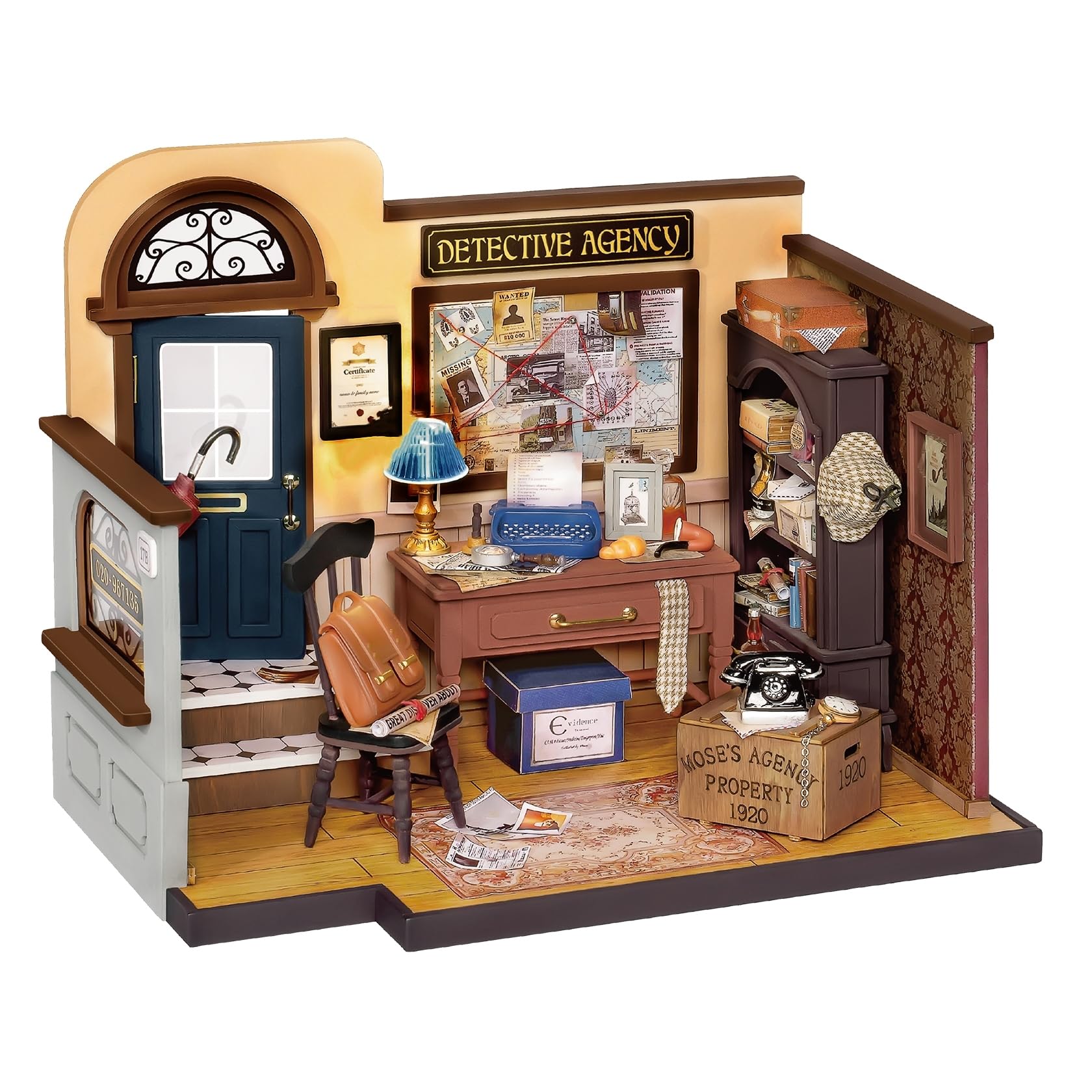 Assembled Rolife Mose's Detective Agency Miniature House Kit with dimensions