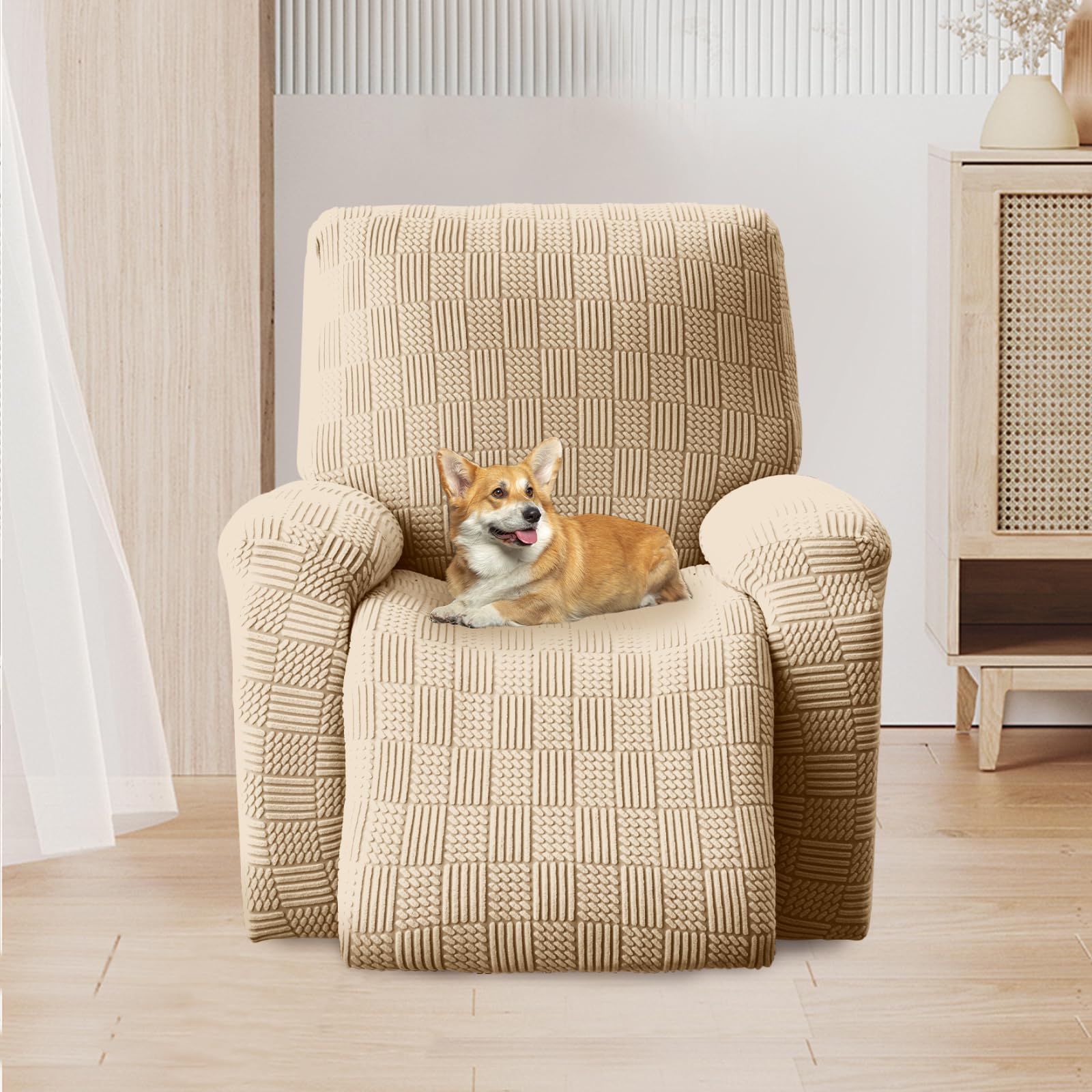 OKYUK Fodera per poltrona Relax, ad alta elasticità per poltrona relax reclinabile, 4 pezzi, con tasche laterali, estraibili e lavabili fodere protettive (beige riga)