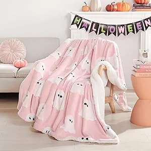 Smoofy Throw Blanket Halloween Blanket with White Ghost Pink Throw Blankets for Bed and Couch Soft Fluffy Fleece Blanket 60x80 inches