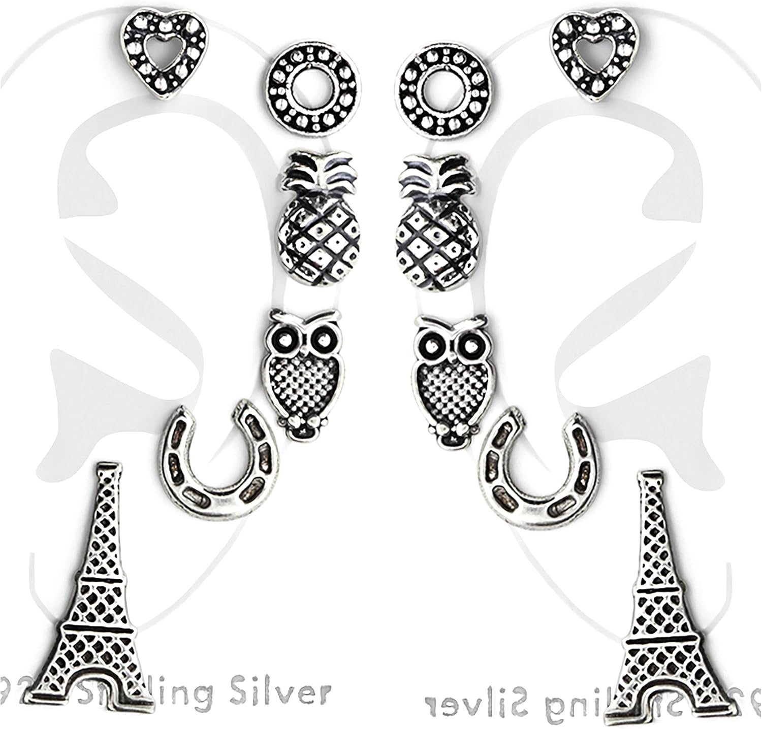 925 Sterling Silver (SET OF 6 Pair) Mixed Heart/Pineapple/Owl/Eiffel Tower Stud Earrings 29128 (Nickel Free)