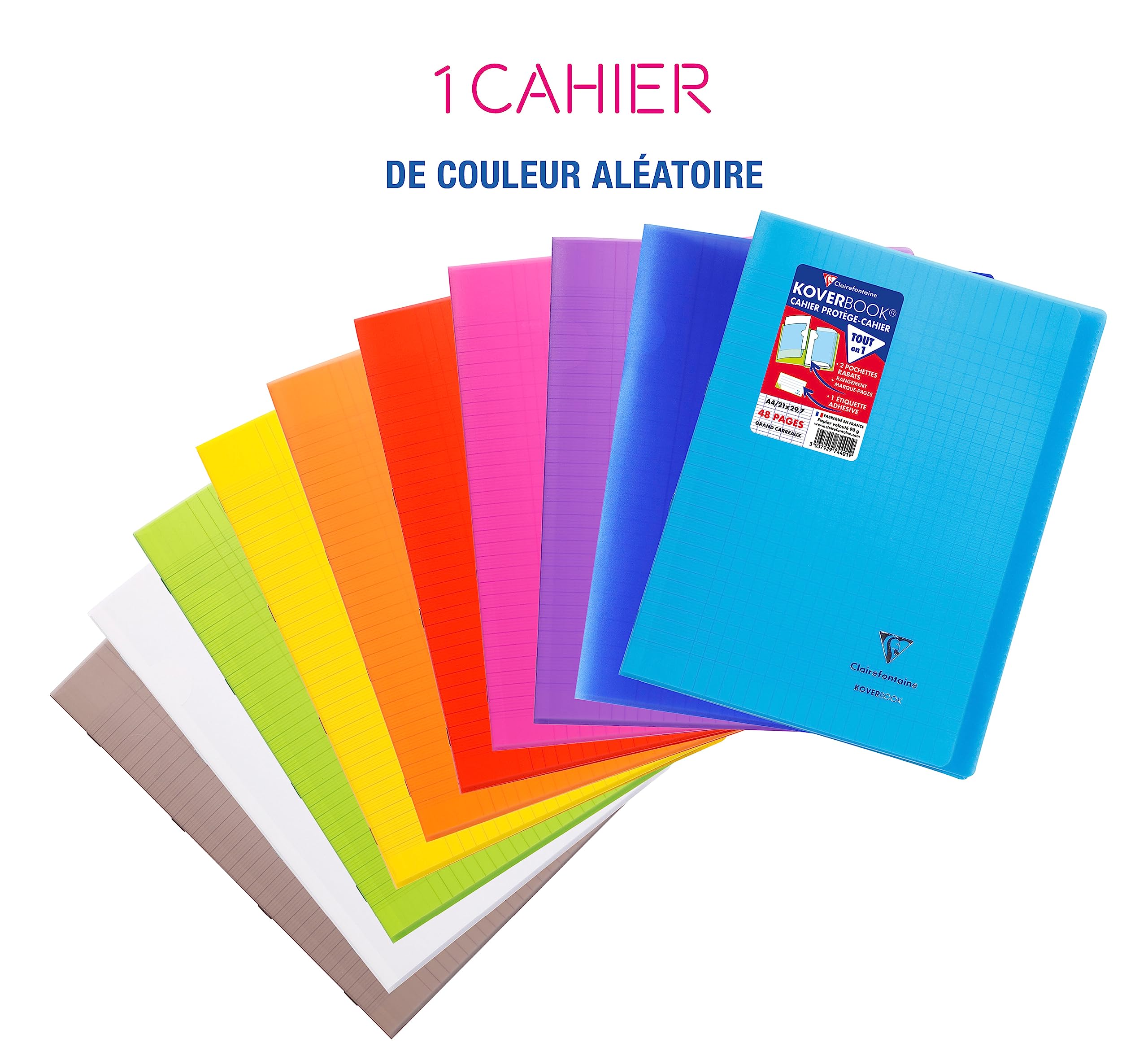 Clairefontaine Koverbook Cahier Agrafé A4 21x29,7 cm 48 Pages Grands Carreaux Papier Blanc 90 g Couverture Polypro