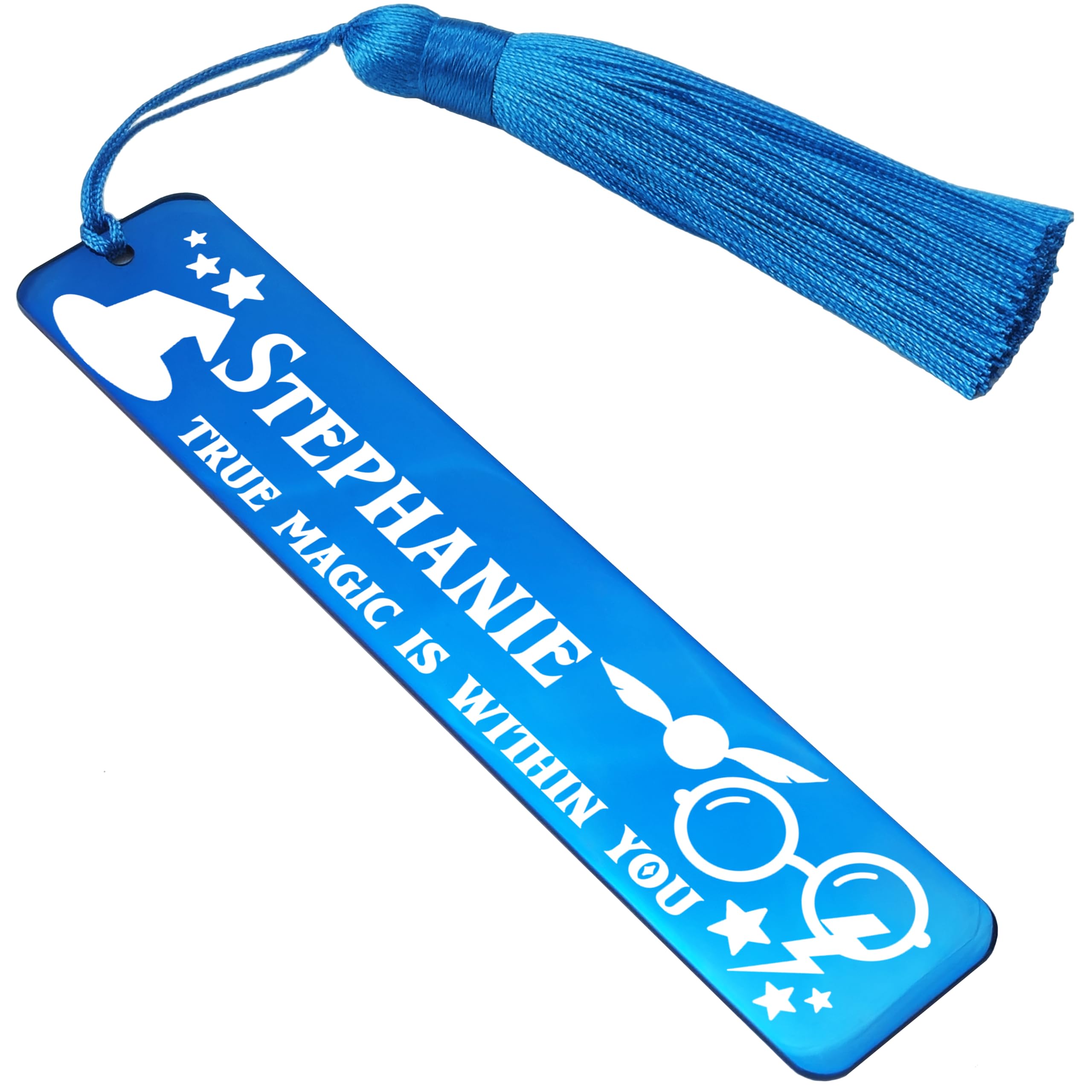 Personalised Stainless Steel Bookmark Wizarding World Inspired Magical Gift for Book Witches or Wizards Movie Fans (Design #1, Blue)