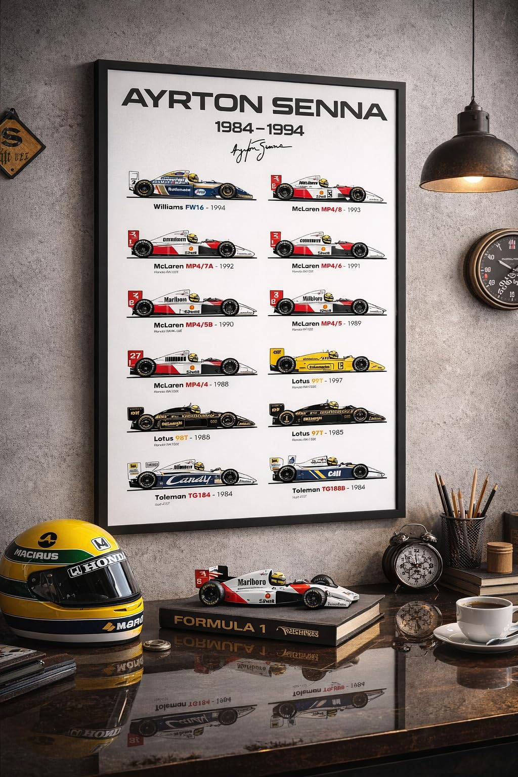 Quadro Todos Carros Senna Formula 1 90x60 Poster Emoldurado.