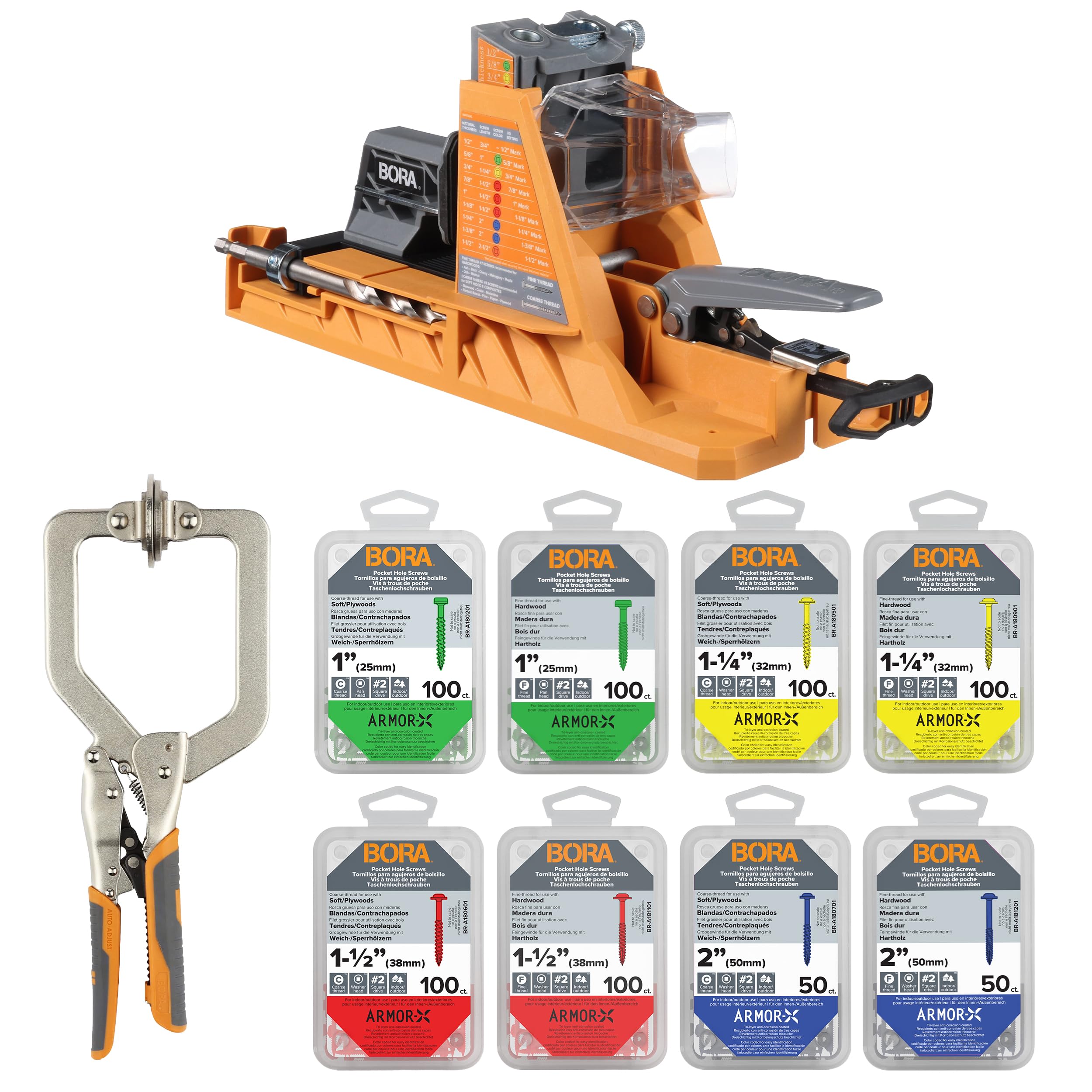 Bora Auto-Jig Pocket Hole System Project Kit– Includes Self-Calibrating Pocket Hole Jig with 50 Sample Screws, 3-Inch Face Clamp, 750pc Color-Coded Screw Set, for Fast & Accurate Joinery, BR-A170203