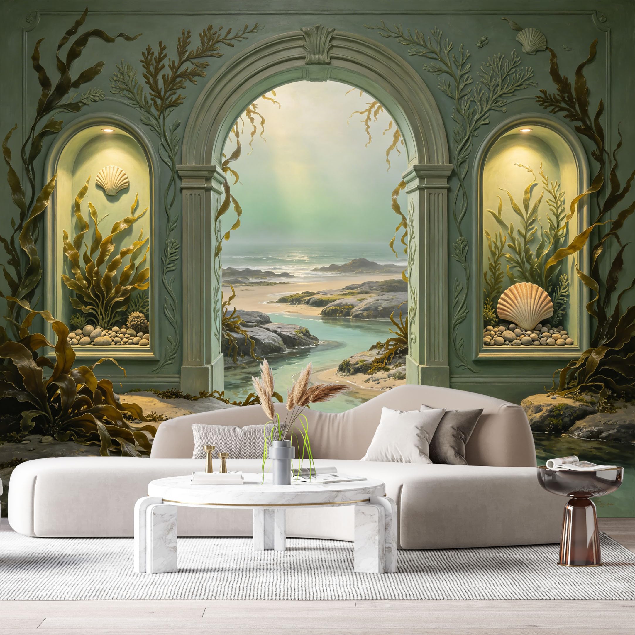 Custom Size Wall Murals Seashells Kelp Coastal Ocean Landscape Neoclassical Oil Painting 3D Trompe L'Oeil SelfAdhesiveWall Fabric Removable Wallpaper Wall Decor for Living Room Bedroom