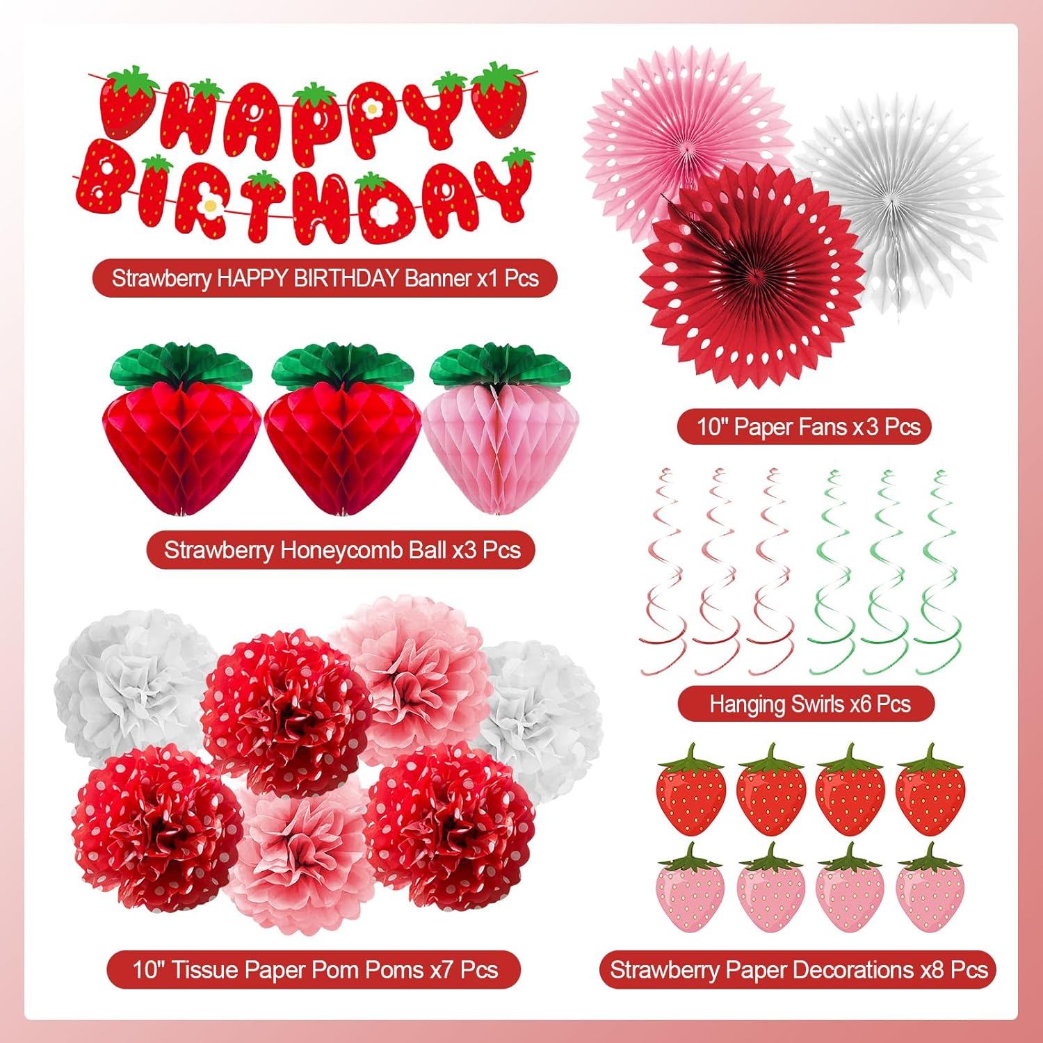 Strawberry Birthday Decorations Happy Birthday Banner berry first birthday decor Tissue Pom Poms Red Pink Fans Hanging Swirls honeycomb ball Party Supplies Strawberry Shortcake Party Decor - Image 2