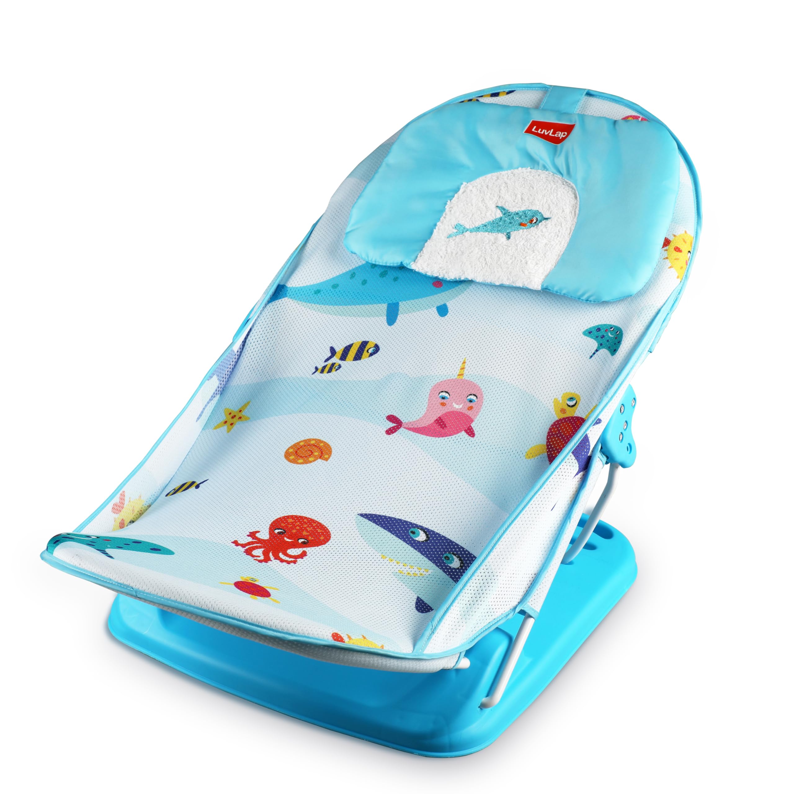 Luv Lap Aqua Tales Baby Bather for Baby 0-12 Months, New Born Baby Bath Chair, 3 Position Adjustable, Washable Soft Mesh, Large Seat (Multicolor)