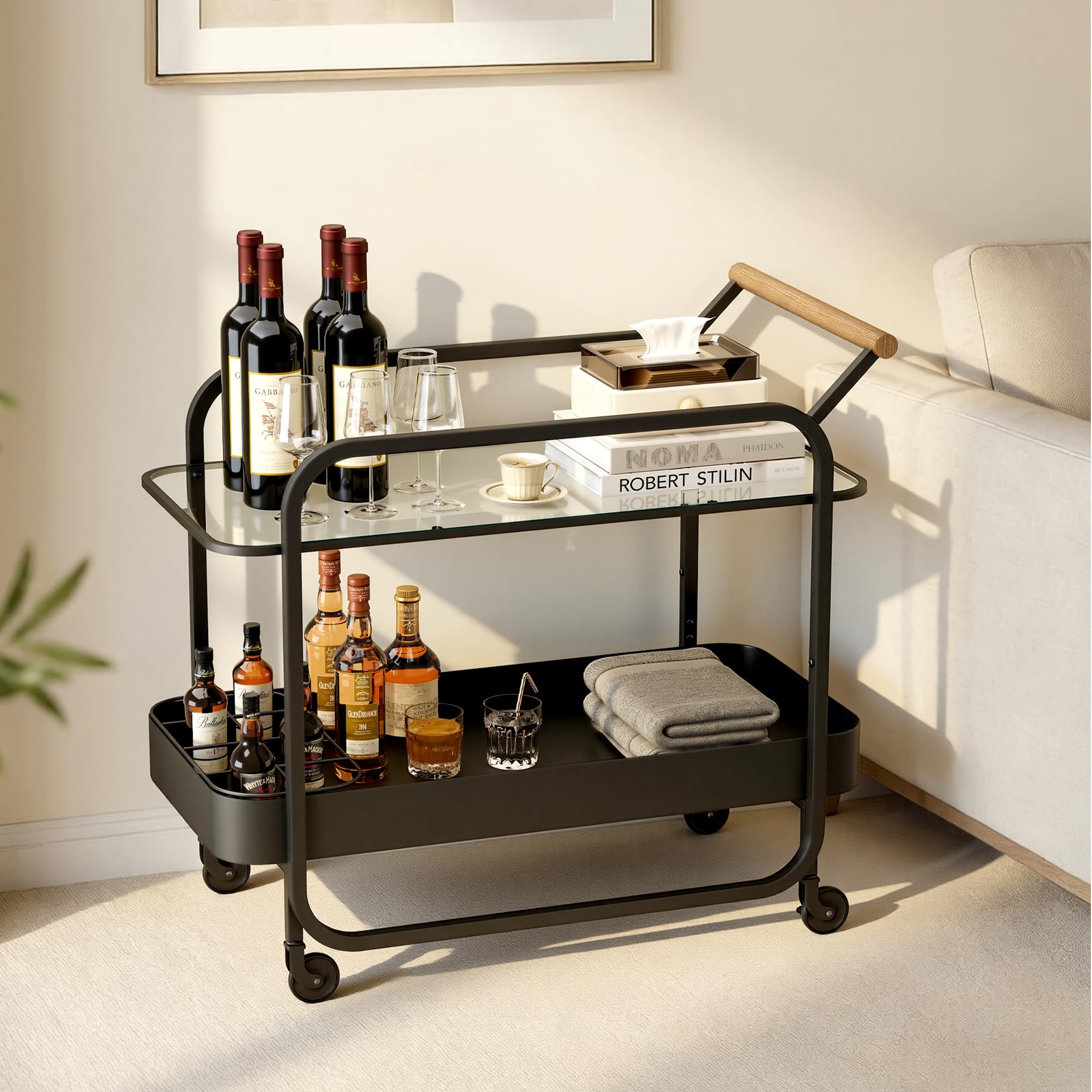 Chariot de Bar 2 Niveaux, Table Roulante pour Boissons avec Plateau en Verre Trempé et Porte-Bouteilles, Bar Roulant avec Roues Freinables, Chariot de Rangement pour Cuisine, Salon, Noir