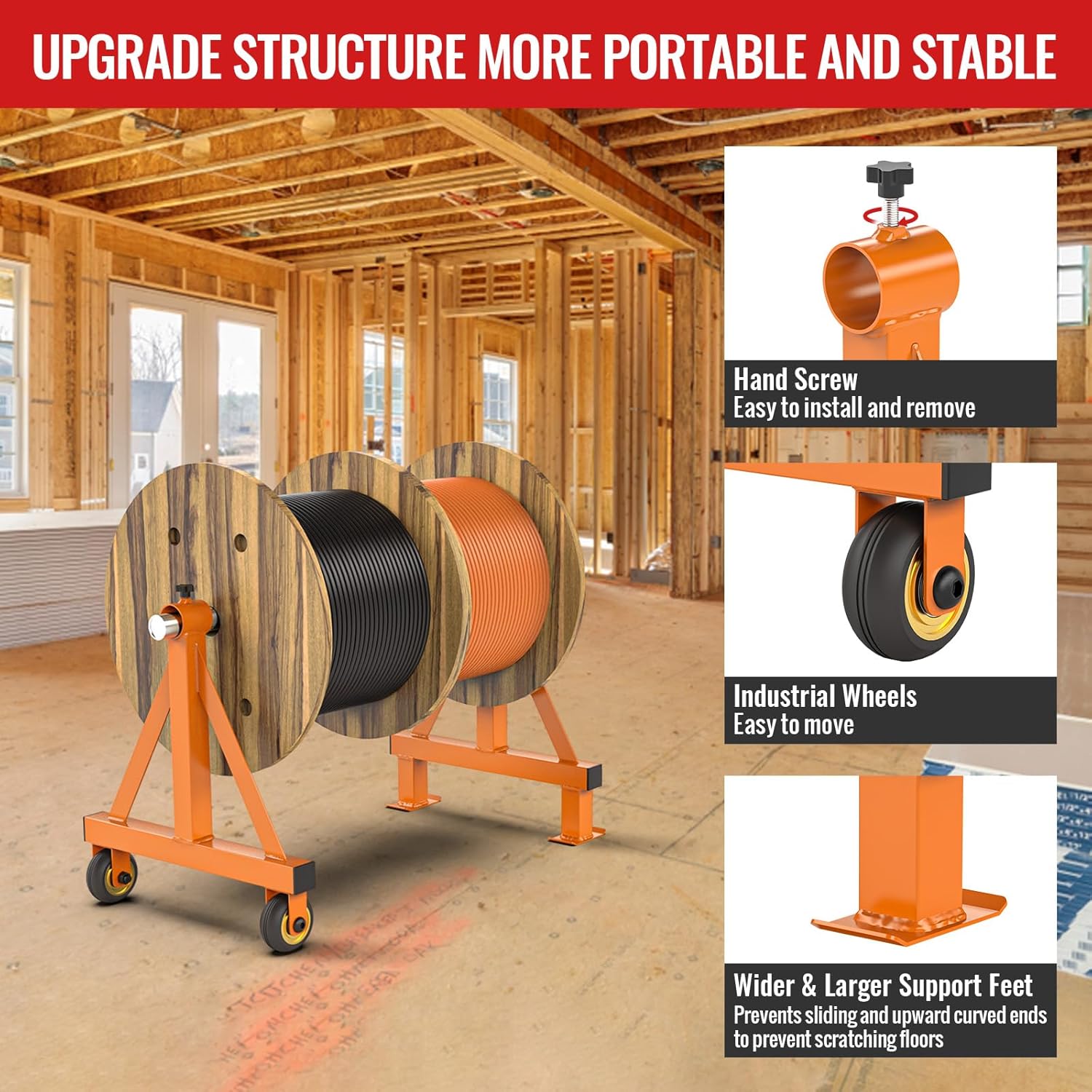 Portable Wire Spool Rack Cable Caddy - Steel Dispenser Holder With Wheels for up to 28" Diameter Spools, 220 Lbs Capacity (Orange)