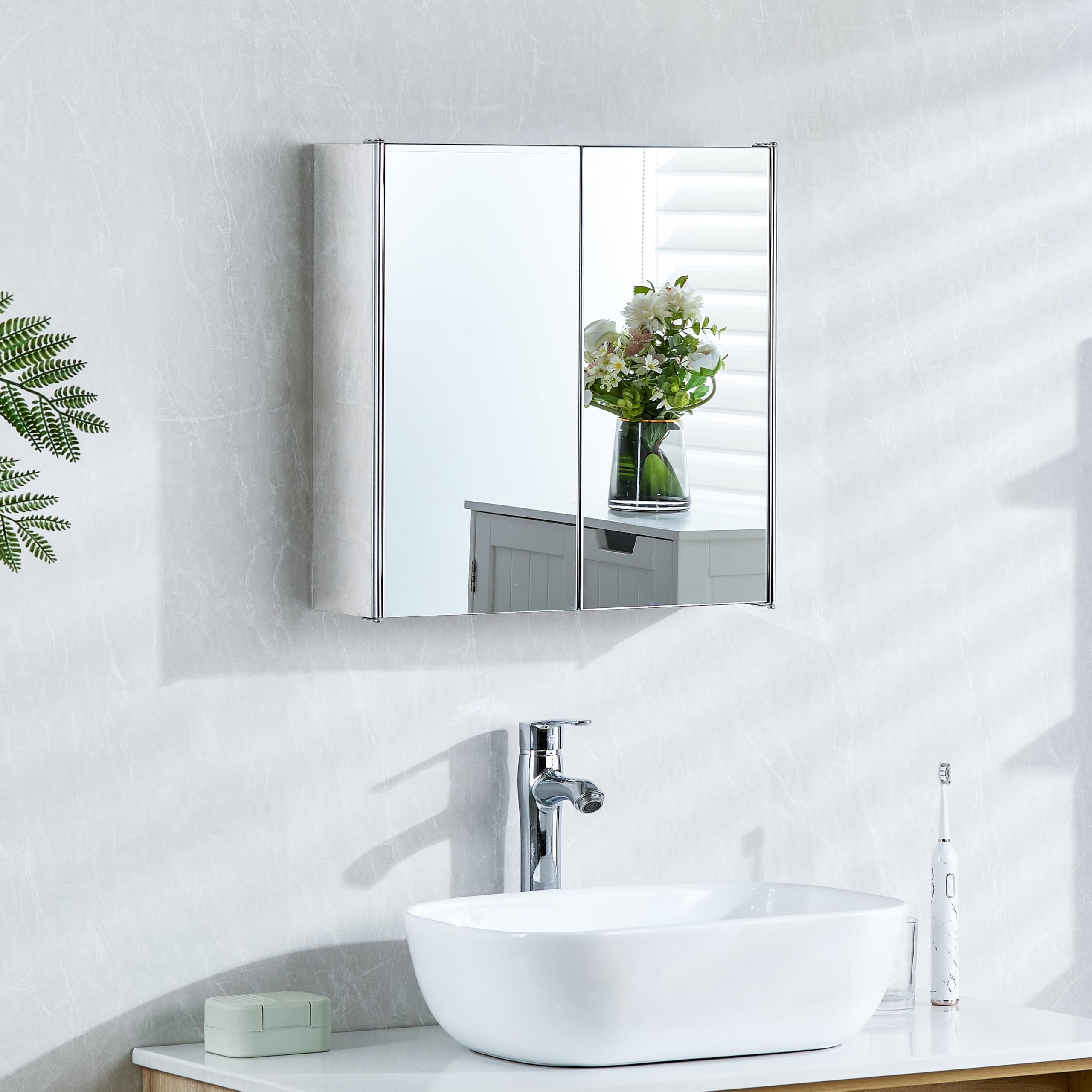 Tiano Double-Mirror Bathroom Cabinet Wall-Mounted Stainless Steel Modern Storage Cupboard (No Assembly Required)