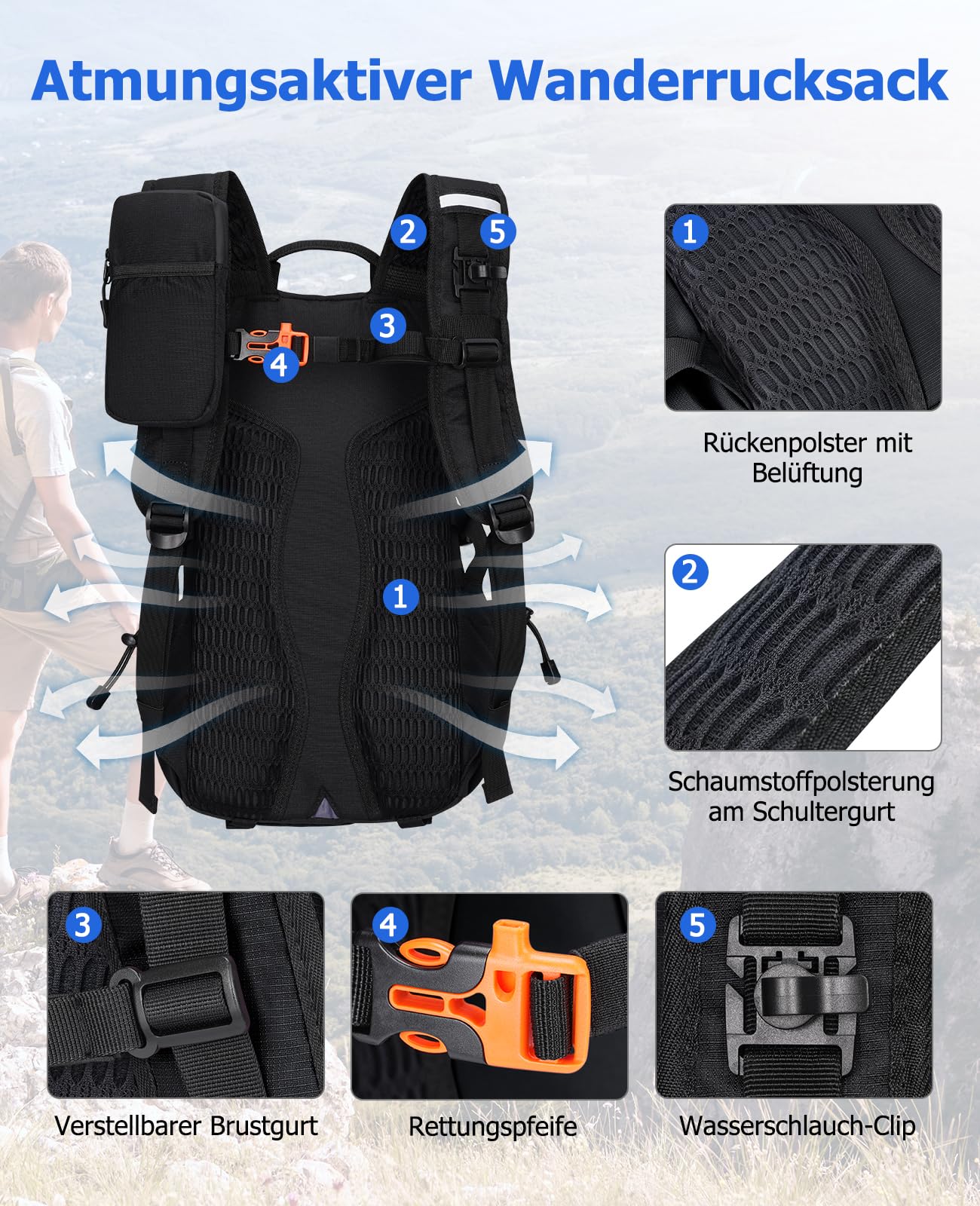 Plecak trekkingowy dla mężczyzn i kobiet, 25 l, mały plecak, lekki plecak podróżny z uchwytem na telefon, plecak trekkingowy z paskami odblaskowymi, na kemping, wędrówki (czarny, duży)