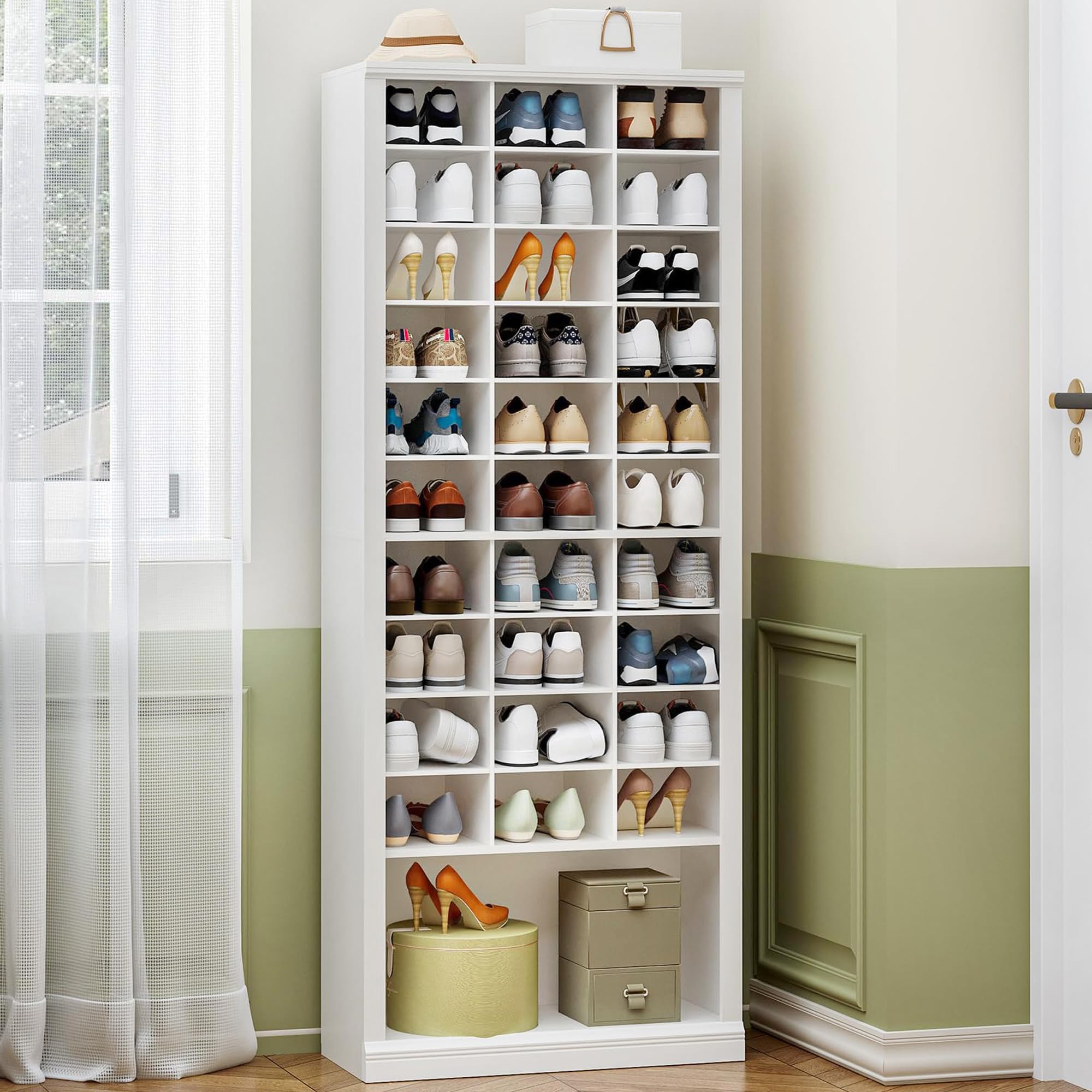 Hzuaneri 11 Tiers Shoe Storage Cabinet, Tall Shoes Cabinet with Cubby, Freestanding Wooden Shoe Organizer, 30-33 Pairs, Shoes Cubby Organizer for Entryway, Bedroom, White SR39303X